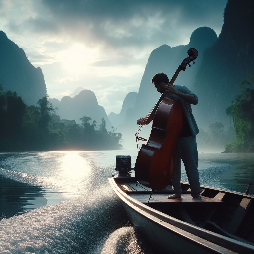 A musician playing a bowed string instrument on a boat beneath misty mountains